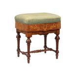 A LATE VICTORIAN WALNUT AND MARQUETRY ADJUSTABLE PIANO STOOLBY WADMAN