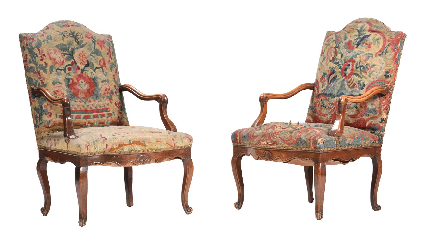 A PAIR OF FRENCH WALNUT AND TAPESTRY UPHOLSTERED FAUTEUILS