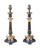 A PAIR OF BRONZE AND PARCEL GILT TABLE LAMPS