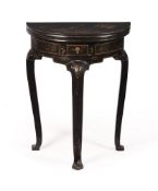 A BLACK JAPANNED SEMI-ELLIPTICAL CARD TABLEIN QUEEN ANNE STYLE