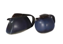 λ GOTLIND WEIGEL, TWO MOTTLED BLUE/BROWN TEA AND COFFEE POTS
