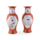 A PAIR OF CHINESE IRON-RED GROUND VASES