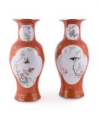 A PAIR OF CHINESE IRON-RED GROUND VASES
