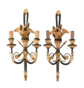 A PAIR OF PARCEL GILT AND EBONISED WALL SCONCES, IN EMPIRE STYLE