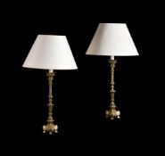 A PAIR OF MODERN BRASS LAMPS IN ECCLESIASTICAL TASTE