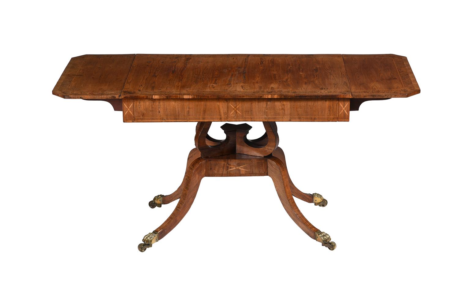 Y A REGENCY ROSEWOOD AND BURR YEW BANDED PEDESTAL SOFA TABLE