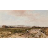 EDMUND MORISON WIMPERIS (BRITISH 1835-1900), A SHEPHERD HERDING SHEEP DOWN A COUNTRY LANE