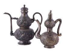 TWO CHINESE 'DOUBLE GOURD' SILVER TEA POTS