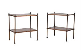 A PAIR OF BRASS AND MAHOGANY TWO TEIR OCCASIONAL TABLES OR ETARGERES IN REGENCY STYLE