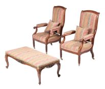 Y A PAIR OF GEORGE IV MAHOGANY AND UPHOLSTERED OPEN ARMCHAIRS