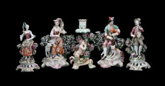 A GROUP OF FIVE VARIOUS ENGLISH PORCELAIN FIGURES