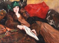 ALEJANDRO CHRISTOPHERSEN (ARGENTINIAN 1866-1945), PORTRAIT OF A LADY IN A GREEN HAT HOLDING A FOLIO