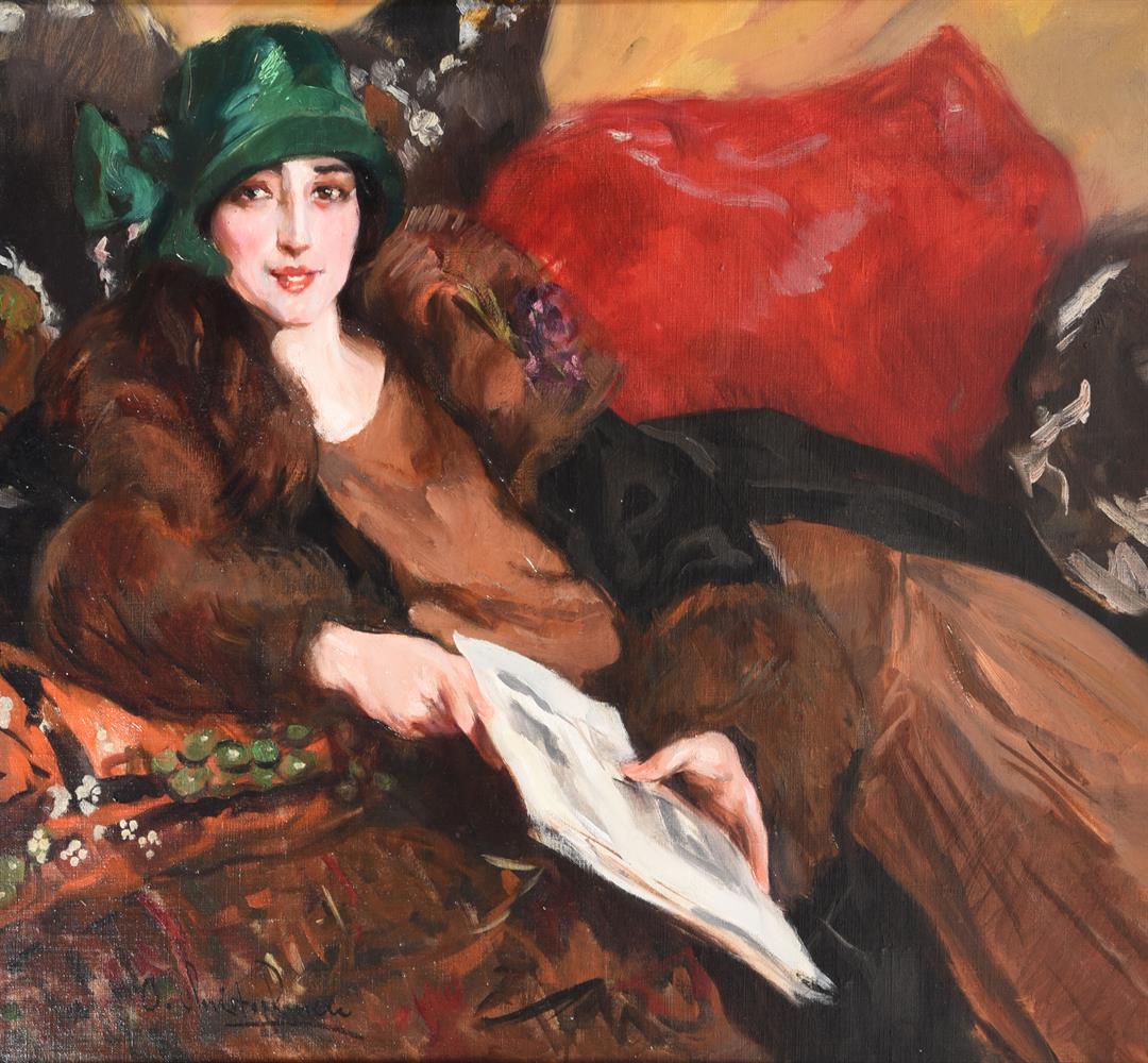 ALEJANDRO CHRISTOPHERSEN (ARGENTINIAN 1866-1945), PORTRAIT OF A LADY IN A GREEN HAT HOLDING A FOLIO - Image 3 of 5