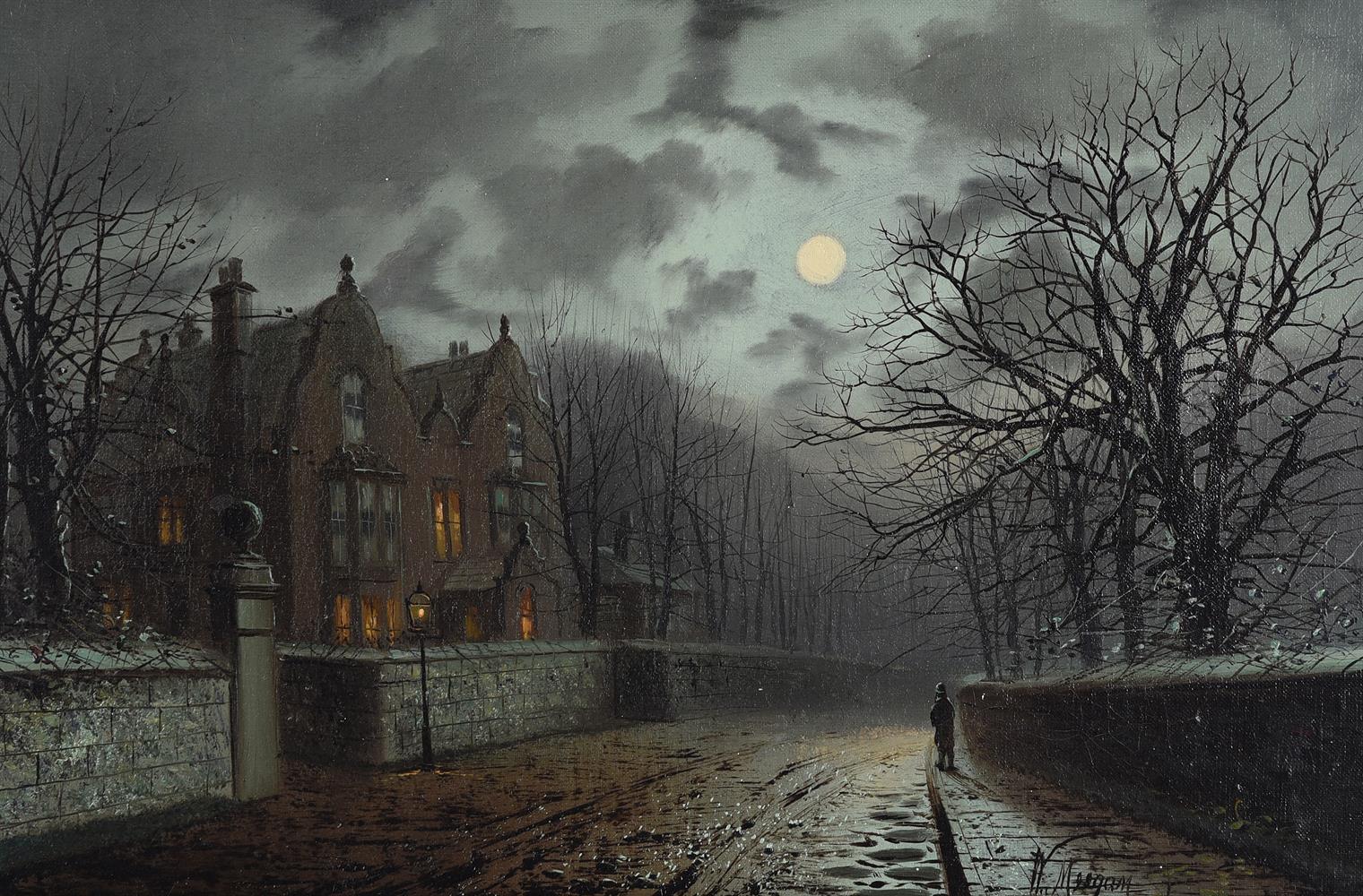 WALTER MEEGAN (BRITISH 1859-1944), A MOONLIT STREET WITH A COUNTRY HOUSE
