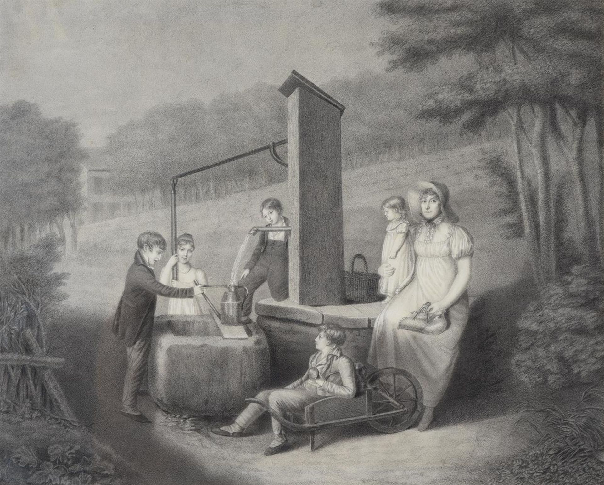 ATTRIBUTED TO NICOLAS-HENRI JACOB (FRENCH 1782-1871), PORTRAIT OF A FAMILY AROUND A GARDEN PUMP