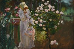 HERBERT ARNOULD OLIVIER (BRITISH 1861-1952), THE ARTIST'S WIFE IN A ROSE GARDEN