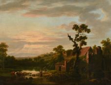 GEORGE BARRETT (BRITISH 1728-1784), A WOODED LANDSCAPE WITH DROVERS AND CATTLE BY A RIVER