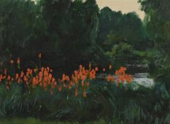 HERBERT ARNOULD OLIVIER (BRITISH 1861-1952), KNIPHOFIA BY A LAKE IN A WOODED GARDEN