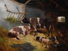 JOHN FREDERICK HERRING JUNIOR (BRITISH 1815-1907), CATTLE, PIGS AND CHICKENS IN A BARN