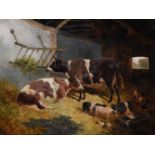 JOHN FREDERICK HERRING JUNIOR (BRITISH 1815-1907), CATTLE, PIGS AND CHICKENS IN A BARN