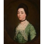 CIRCLE OF ALLAN RAMSAY (SCOTTISH 1713 - 1784), PORTRAIT OF A LADY WEARING A GREEN LACE TRIMMED DRESS