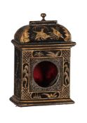 AN UNUSUAL BLACK JAPANNED WATCH STAND IN THE FORM OF A MINIATURE TABLE CLOCK