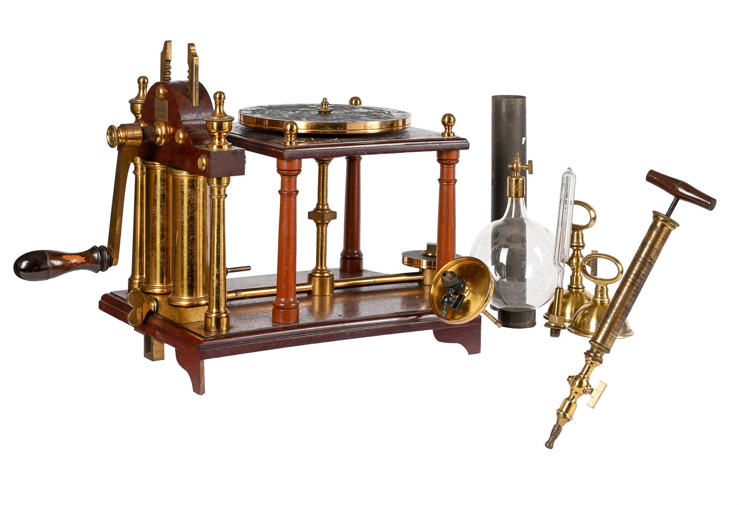 A RARE LACQUERED BRASS AND MAHOGANY HAWKSBEE-TYPE DOUBLE-ACTION DEMONSTRATION VACUUM PUMP
