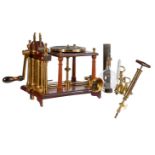 A RARE LACQUERED BRASS AND MAHOGANY HAWKSBEE-TYPE DOUBLE-ACTION DEMONSTRATION VACUUM PUMP