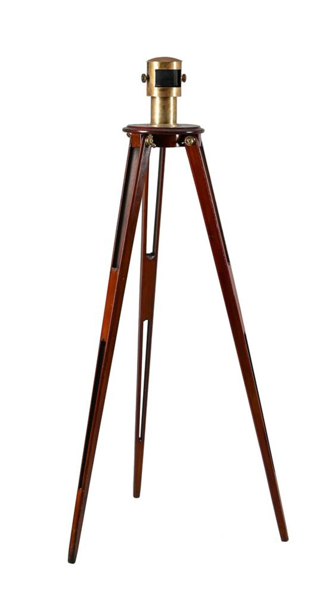 A BRASS-CASED REFLECTING PRISM ON MAHOGANY TRIPOD STAND