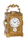 AN UNUSUAL FRENCH PORCELAIN PANEL MOUNTED GILT BRASS ALARM CARRIAGE CLOCK IN A ONE-PIECE CASE