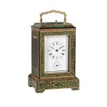 Y A FINE SWISS GREEN BOULLE GRANDE SONNERIE STRIKING AND REPEATING ALARM CARRIAGE CLOCK