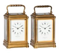 A MATCHED PAIR OF GILT GORGE CASED MID-SIZED PETIT-SONNERIE STRIKING AND REPEATING CARRIAGE CLOCKS