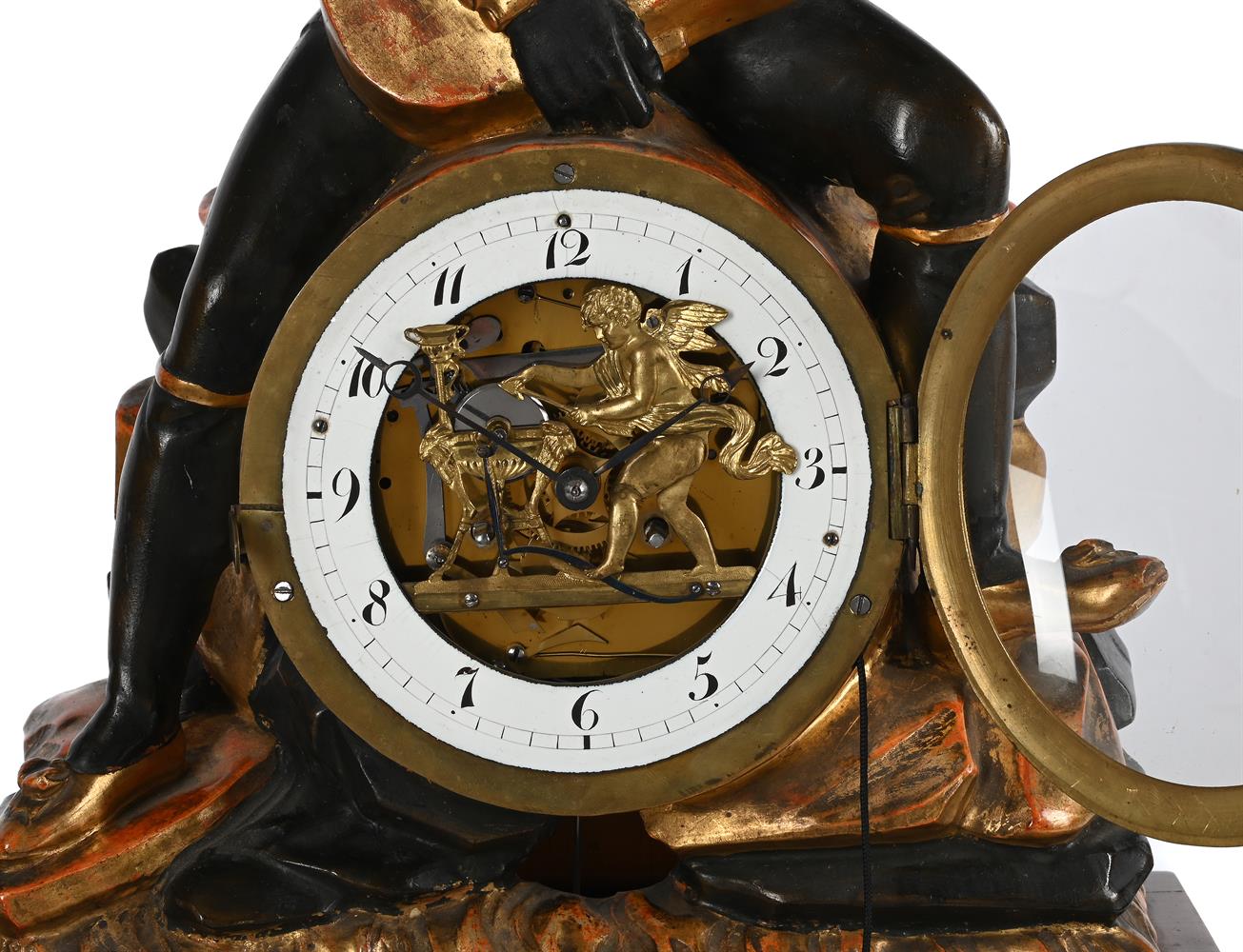 AN UNUSUAL AUSTRIAN BIEDERMEIER CARVED PARCEL GILT FIGURAL MANTEL CLOCK WITH ‘ROCKING EYE’ AUTOMATON - Image 3 of 5