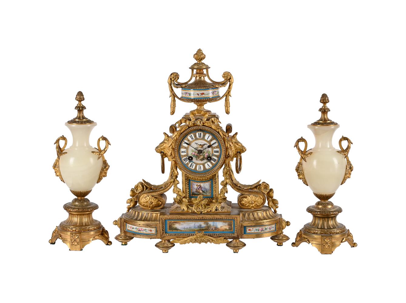 A FRENCH SEVRES STYLE PORCELAIN INSET ORMOLU MANTEL CLOCK