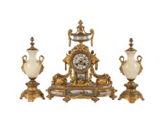 A FRENCH SEVRES STYLE PORCELAIN INSET ORMOLU MANTEL CLOCK