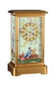 A FRENCH GILT BRASS MANTEL CLOCK INSET WITH CHINOISERIE PORCELAIN PANELS