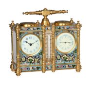 A FRENCH GILT AND CLOISONNE ENAMEL CARRIAGE TIMEPIECE AND BAROMETER WITH COMPASS AND THERMOMETER