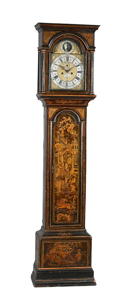 A GEORGE II TORTOISESHELL JAPANNED EIGHT-DAY LONGCASE CLOCK WITH ROCKING FIGURE AUTOMATON