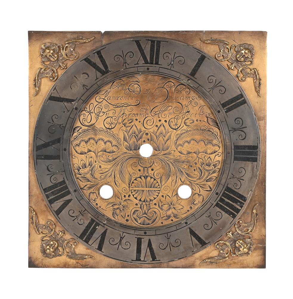A FINE CHARLES II GILT BRASS TEN-AND-A-QUARTER-INCH LONGCASE CLOCK DIAL FOR A KEY-WOUND CLOCK