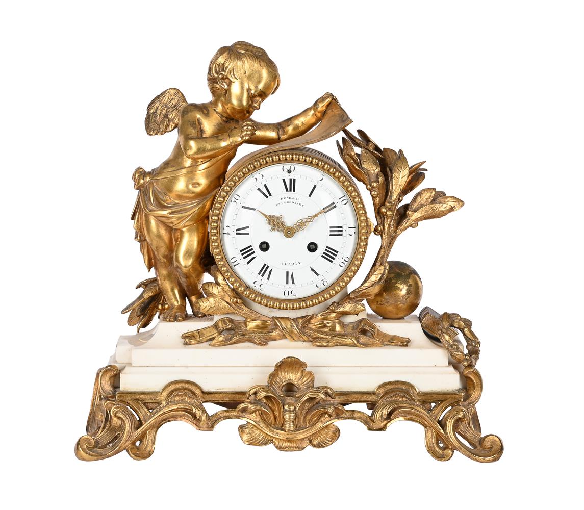 A FRENCH NAPOLEON III ORMOLU MOUNTED CARARRA FIGURAL MANTEL CLOCK IN THE LOUIS XVI TASTE