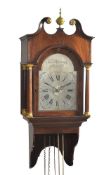 A GEORGE III INLAID MAHOGANY HOODED WALL ALARM TIMEPIECE