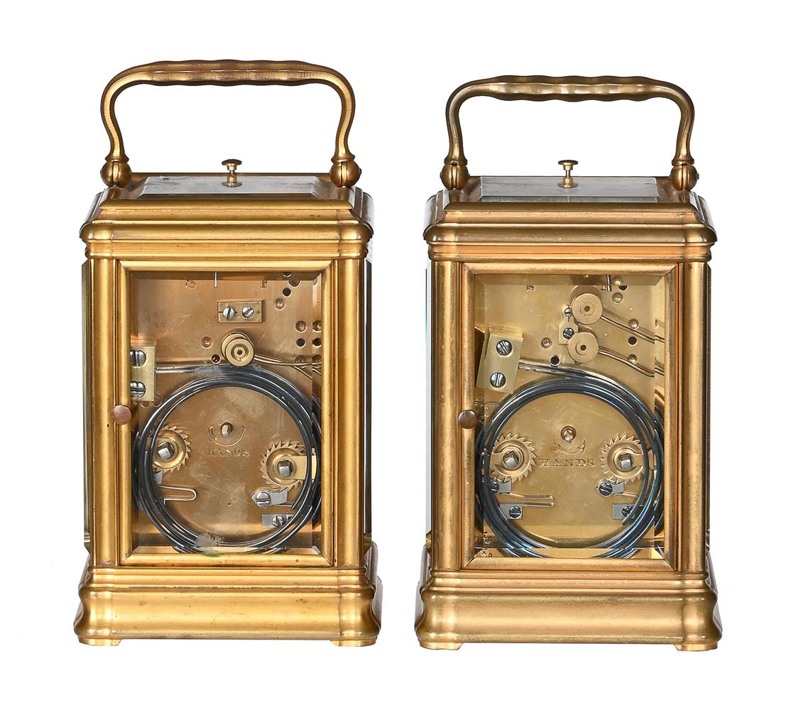 A MATCHED PAIR OF GILT GORGE CASED MID-SIZED PETIT-SONNERIE STRIKING AND REPEATING CARRIAGE CLOCKS - Image 2 of 3