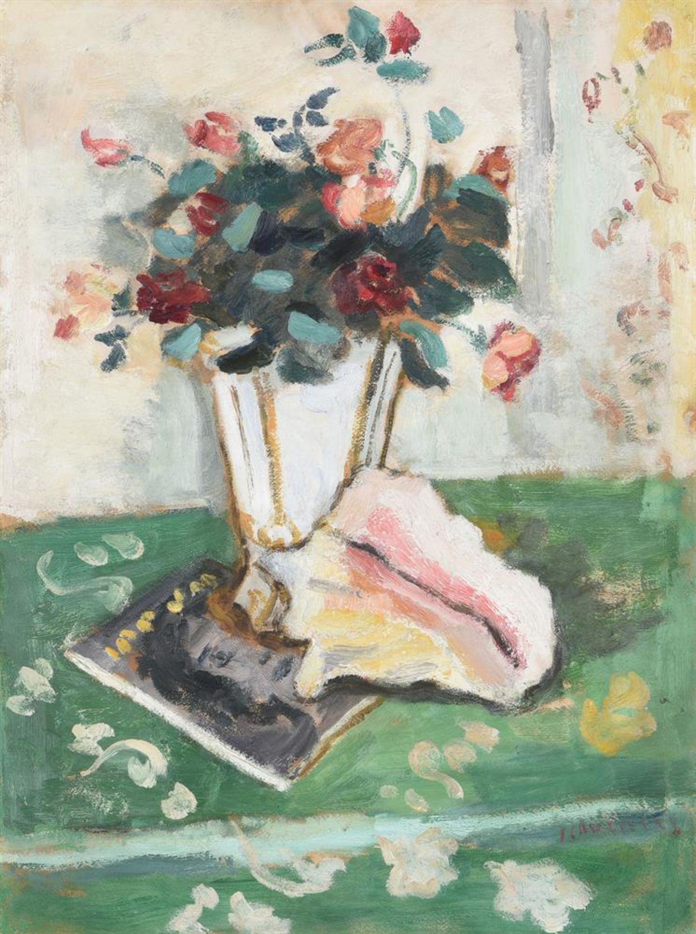 λ JEAN JULES LOUIS CAVAILLES (FRENCH 1901-1977), CONCH SHELL, MAGAZINE AND VASE OF FLOWERS