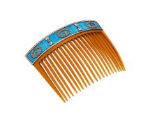 Y AN EARLY 20TH CENTURY FRENCH ENAMEL, DIAMOND AND TORTOISESHELL HAIR COMB