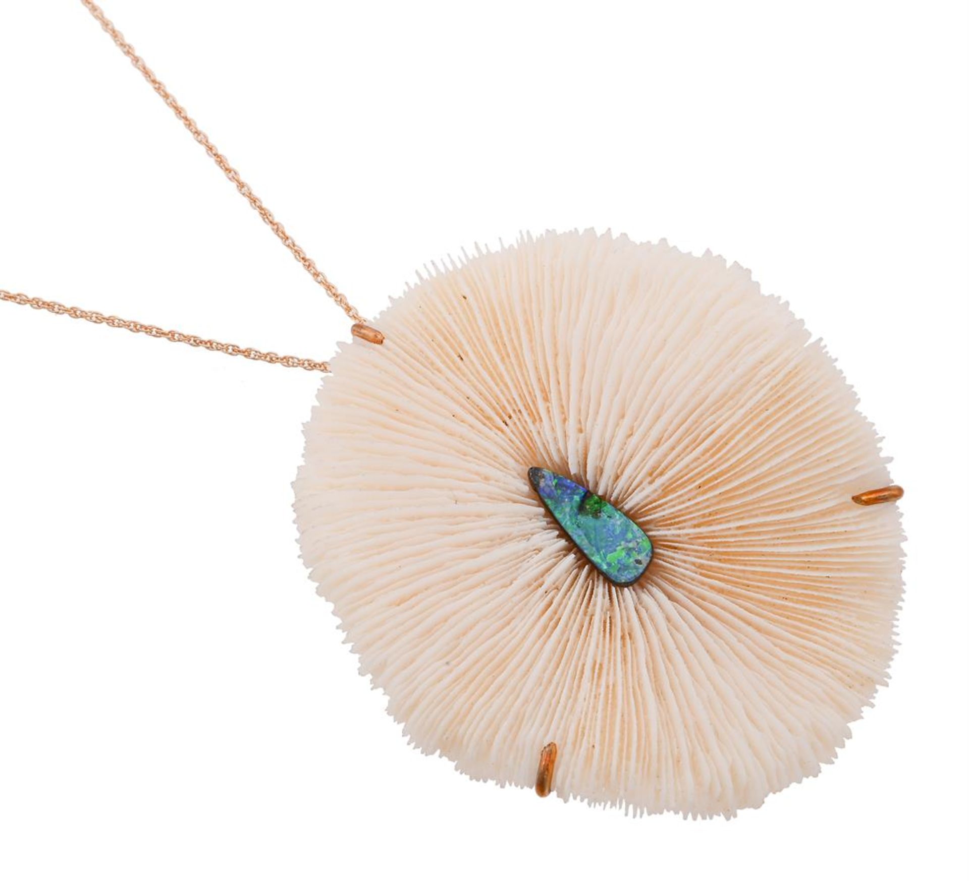 Y ANDREW GRIMA, A WHITE MUSHROOM CORAL AND BOULDER OPAL PENDANT