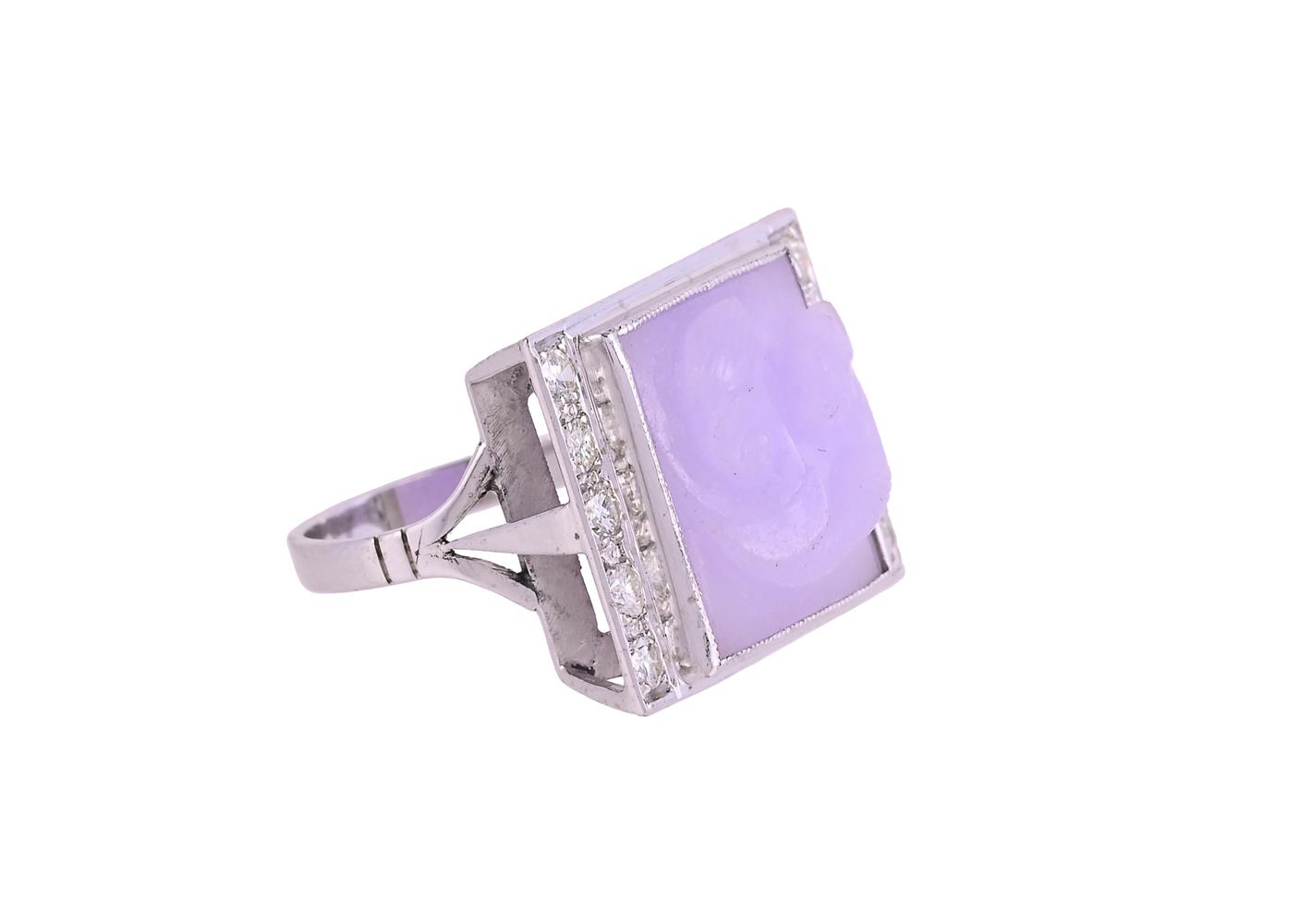 A LAVENDER JADEITE JADE AND DIAMOND RING - Image 2 of 2