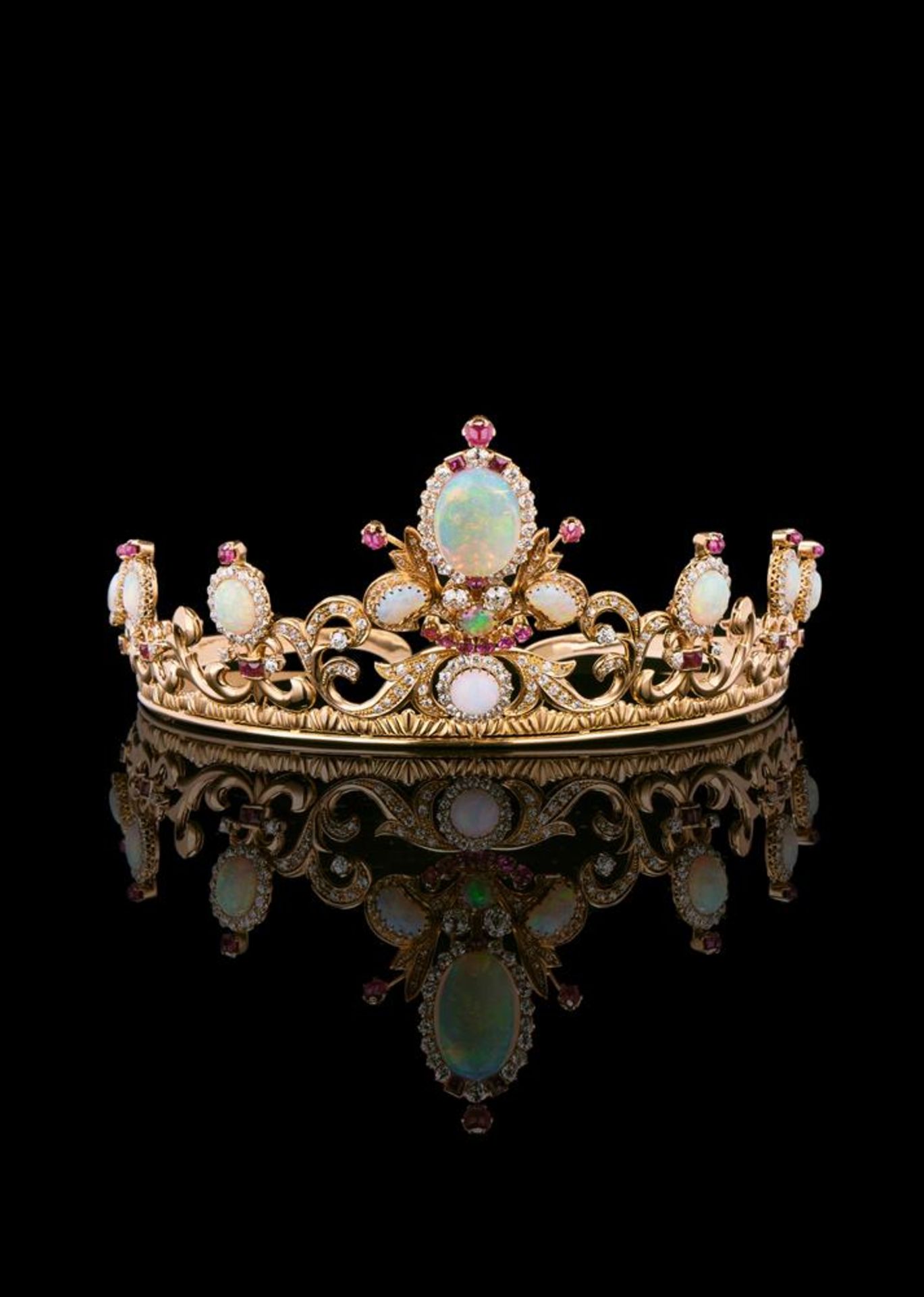 A MID 20TH CENTURY DIAMOND, OPAL, AND RUBY TIARA