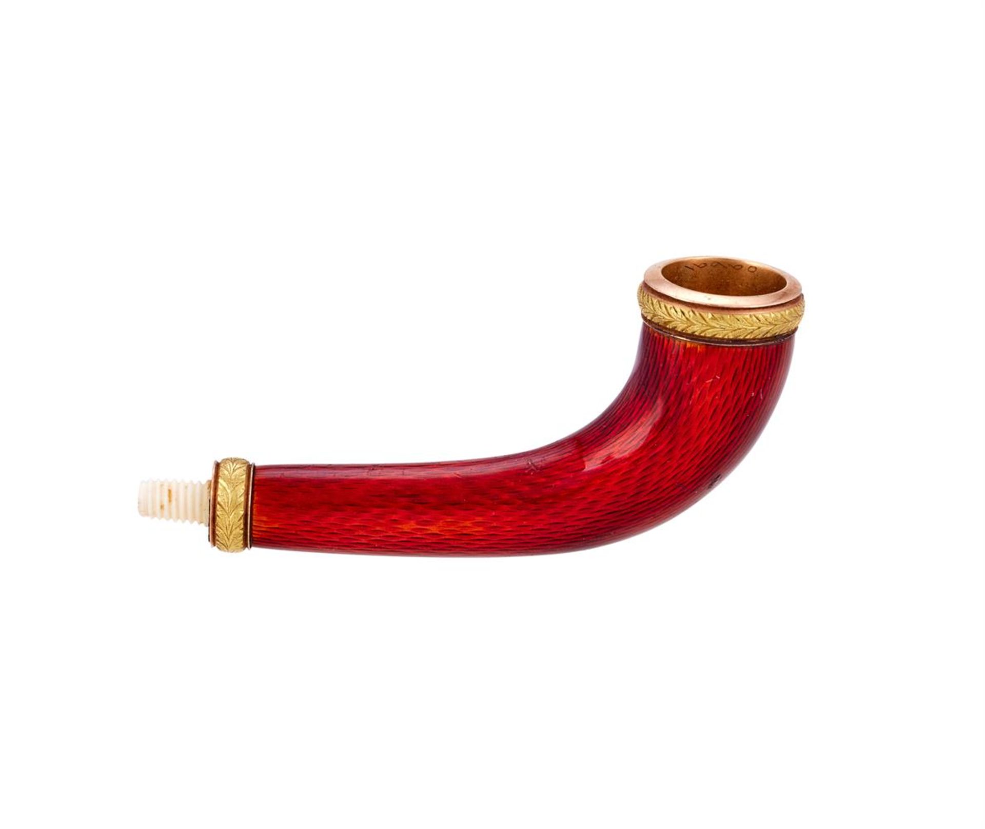 Y A RUSSIAN GOLD, IVORY AND RED ENAMEL SMALL PIPE