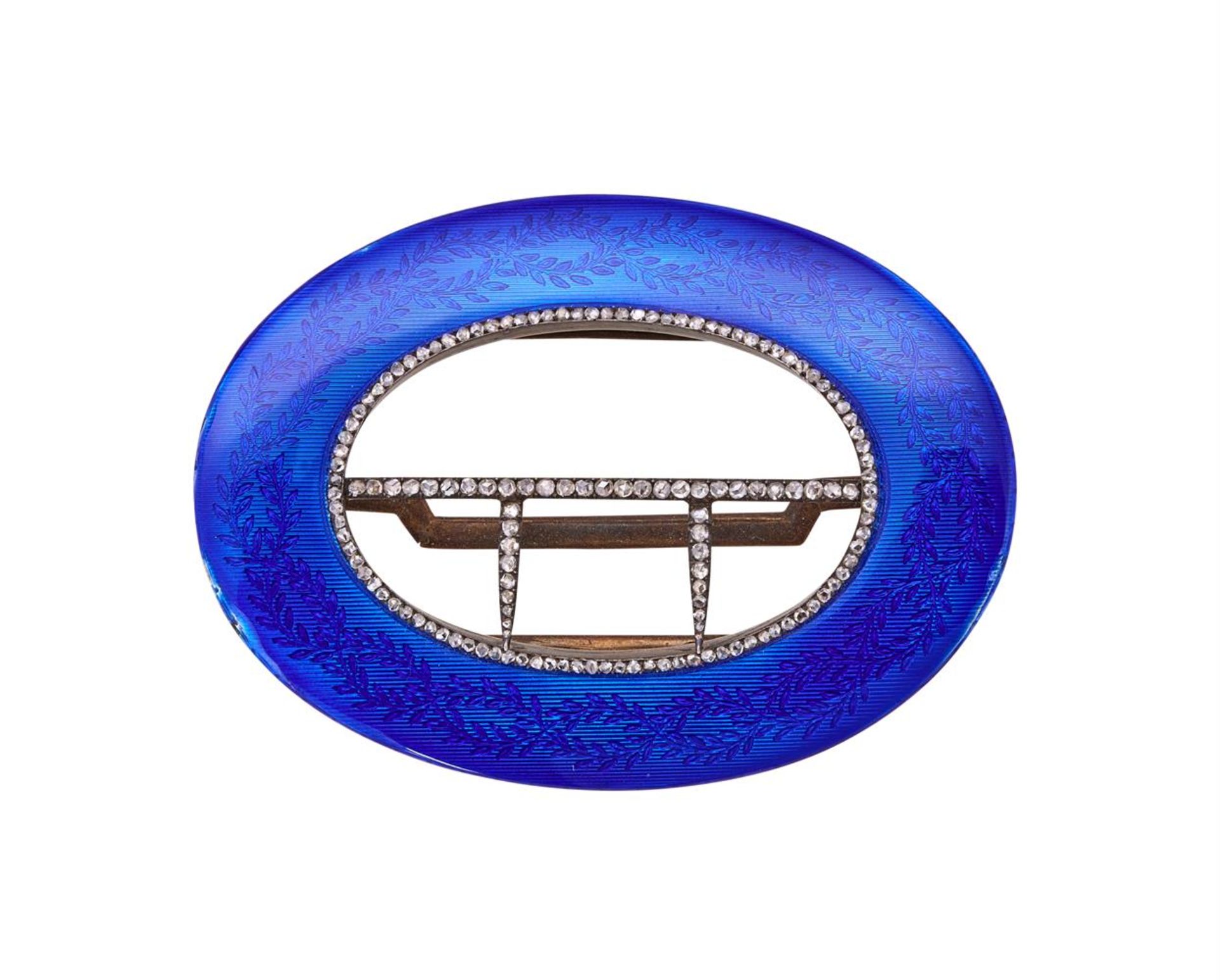 FABERGÉ, A RUSSIAN SILVER GILT, BLUE ENAMEL AND DIAMOND BELT BUCKLE, HENRIK WIGSTROM