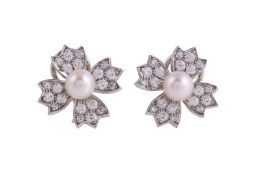 TIFFANY & CO., FLORET FLOURISHES, A PAIR OF DIAMOND AND CULTURED PEARL EAR CLIPS, LONDON 2001